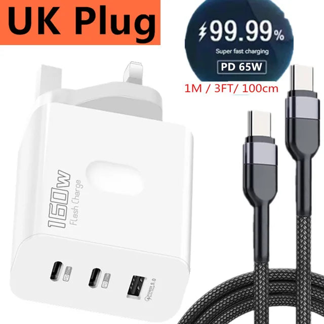ChargerLightning 160W Multi-Port USB Charger USB Type C & A Fast Charging Adapter Quick Charge 3.0 PD